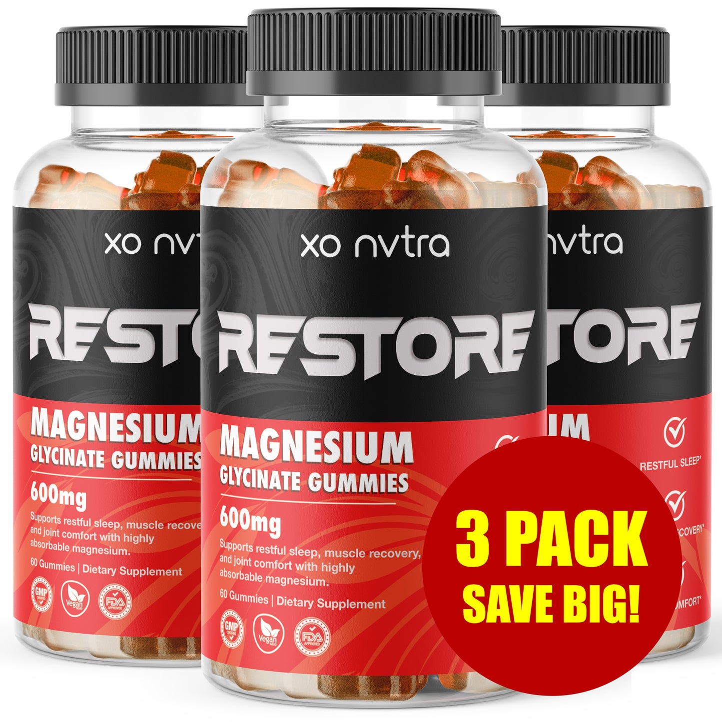 (3 Pack) RESTORE Magnesium Glycinate + CoQ10 Gummies